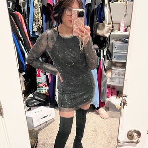 AKIRA Silver Rhinestone MeshLong Sleeve Dress